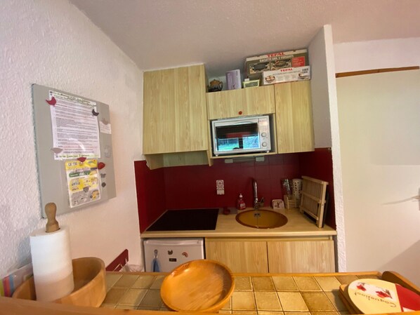 A compact kitchen with a microwave, sink, and wooden cabinets. - Châtel: 2-Room Apartment, Balcony, Parking, WIFI, Pets OK (Châtel)