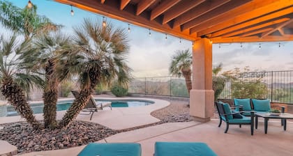 Serene desert escape with stunning mountain views, and private heated pool/spa.