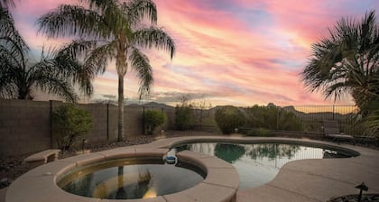 Serene desert escape with stunning mountain views, and private heated pool/spa.