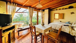 A cozy room with a wooden ceiling, a bed, a TV, a dining table with chairs, and a view of greenery outside.