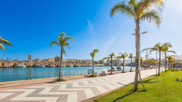 A waterfront promenade with palm trees, a patterned walkway, and a view of a historic building with a clock tower. - Bambu in Grau i Platja (Gandia)