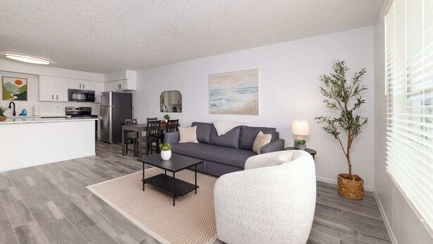 A modern living room with a grey sofa, a white armchair, a black coffee table, and a kitchen in the background.