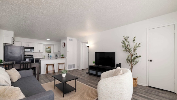 A modern living room with a gray sofa, a white armchair, a black coffee table, and a flat-screen TV. - Modern Poolside Apartment Near Gruene (New Braunfels)