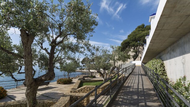 Une promenade en bord de mer agrémentée d’escaliers en pierre, de rampes métalliques et d’oliviers.