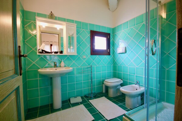 A bathroom with a sink, toilet, bidet, and a shower area.