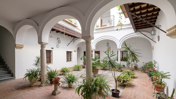 Un cortile con archi, piante in vaso e una scala.