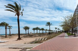 A paved walkway lined with palm trees and a beach in the background. - Navegante in Grau i Platja (Gandia)