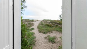 Un sendero arenoso que atraviesa un paisaje natural, bordeado por vegetación.