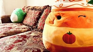A plush pumpkin-shaped pillow with a smiling face and a red pumpkin design on a patterned sofa.
