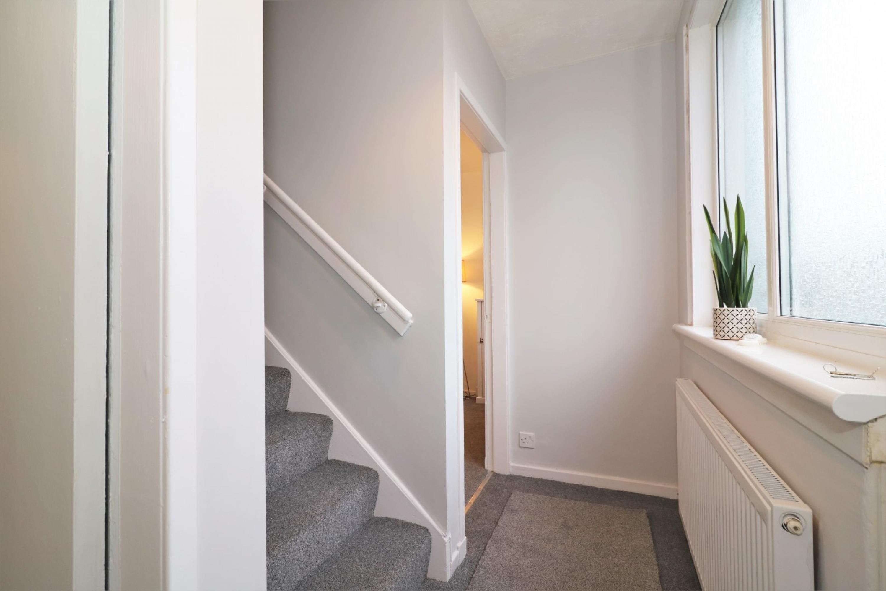 A hallway with a staircase, a radiator, and a window with a plant.