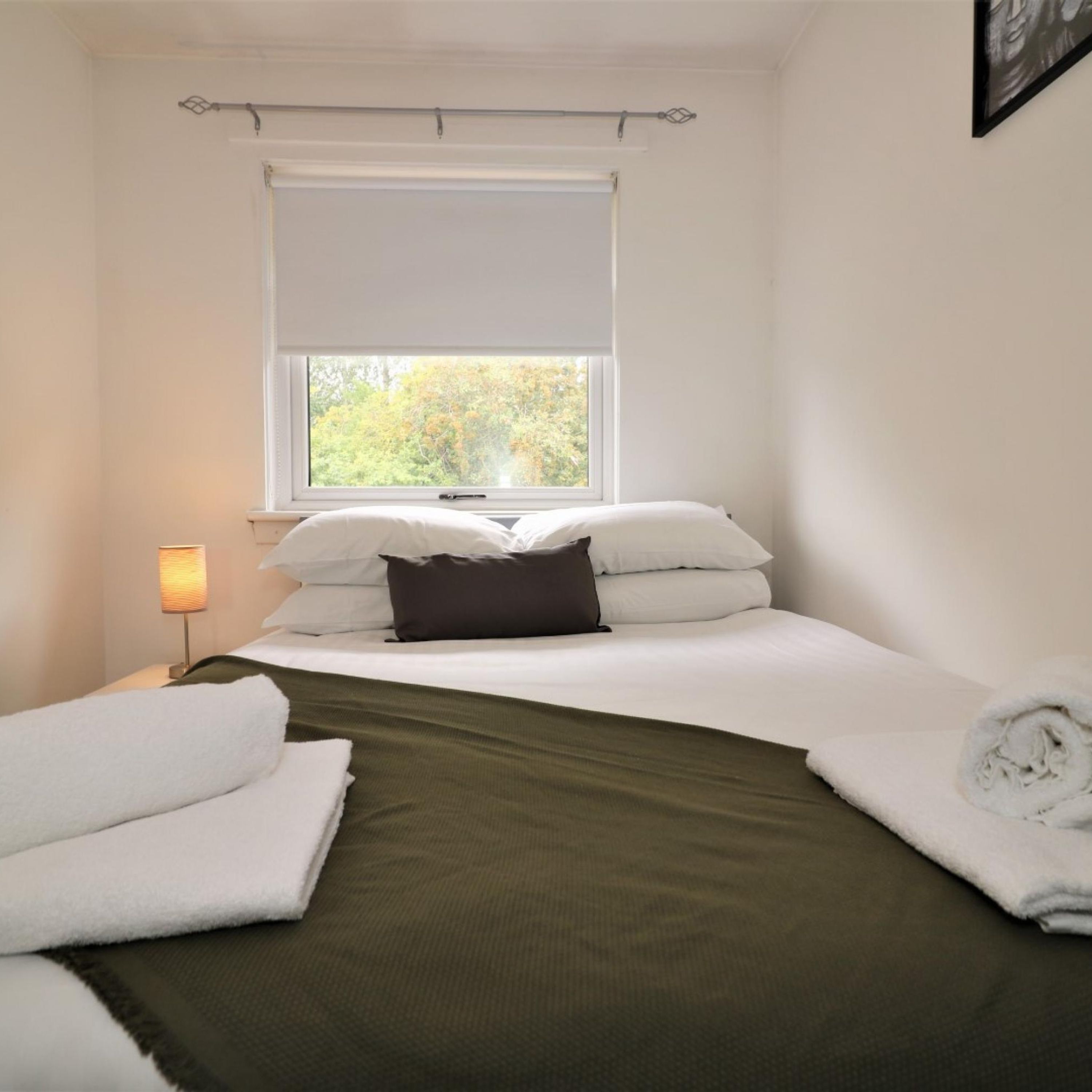 A small, neatly made bed with white bedding and a green throw, a window with a view of trees, and a lamp on a bedside table.