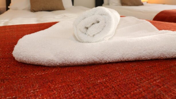 A hotel room with two beds, each with white and brown pillows, and a red carpet. - Atholl House - Linwood (Paisley)