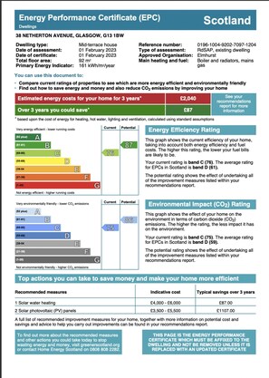 A detailed Energy Performance Certificate (EPC) for a mid-terrace house in Glasgow, including energy efficiency and environmental impact ratings, estimated costs, and recommended measures for improvement. - Great Western View - Glasgow (Glasgow)