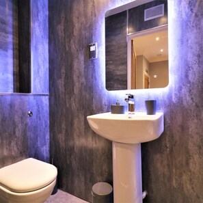 A modern bathroom with a white pedestal sink, a mirror above it, and a toilet.