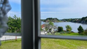 Vista d'un riu amb cases i vegetació al fons.