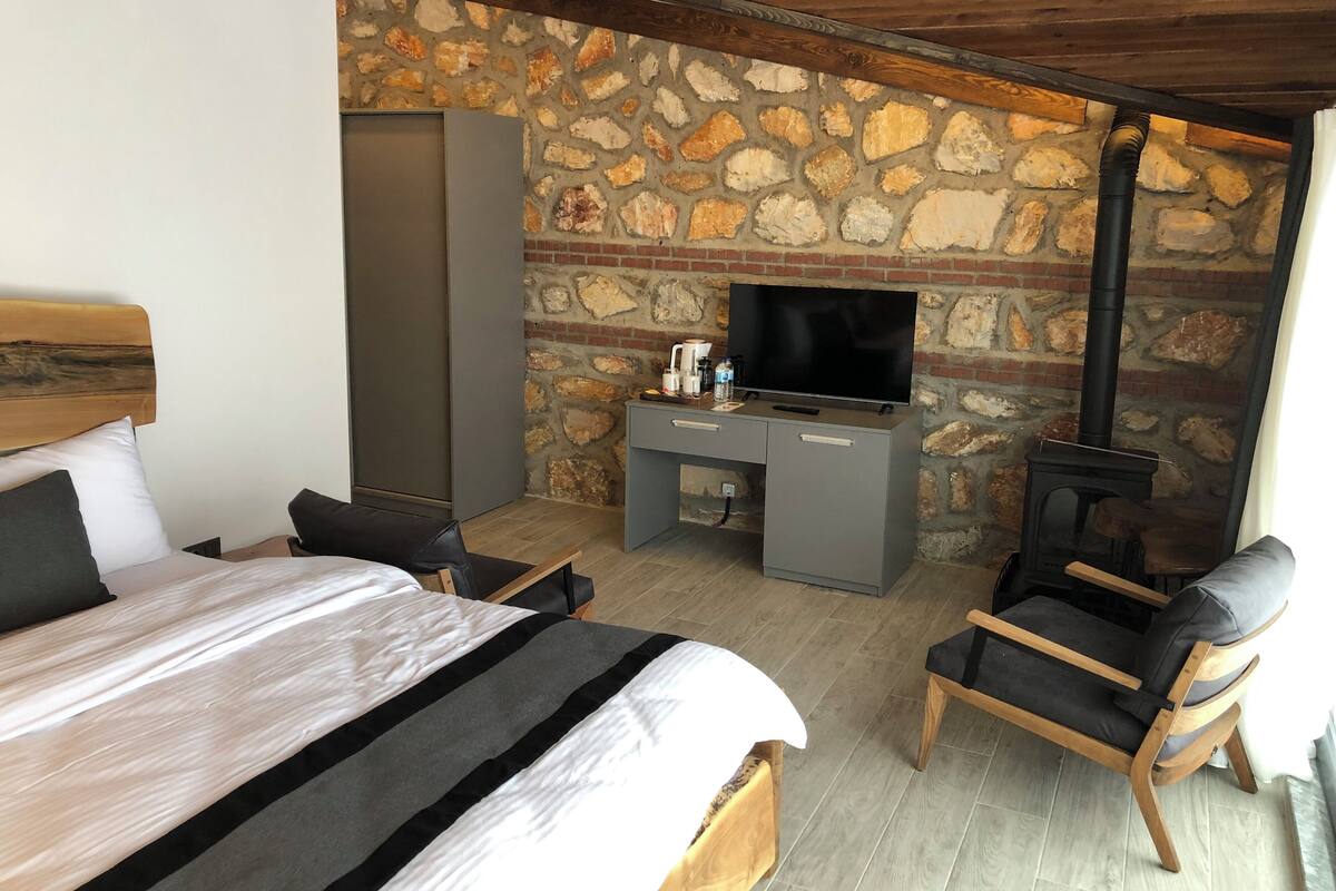 A bedroom with a bed, a desk, a television, and a fireplace.