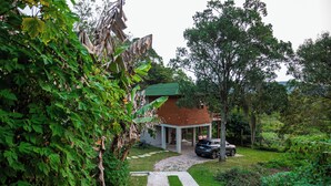 A house with a green roof, surrounded by lush greenery and a gravel path leading to the entrance. - Tilli's Haus Praia & Campo (Florianópolis)