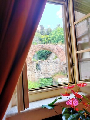 A window with a view of a stone archway and greenery outside. - La Casa Di Agartha (Bolsena)
