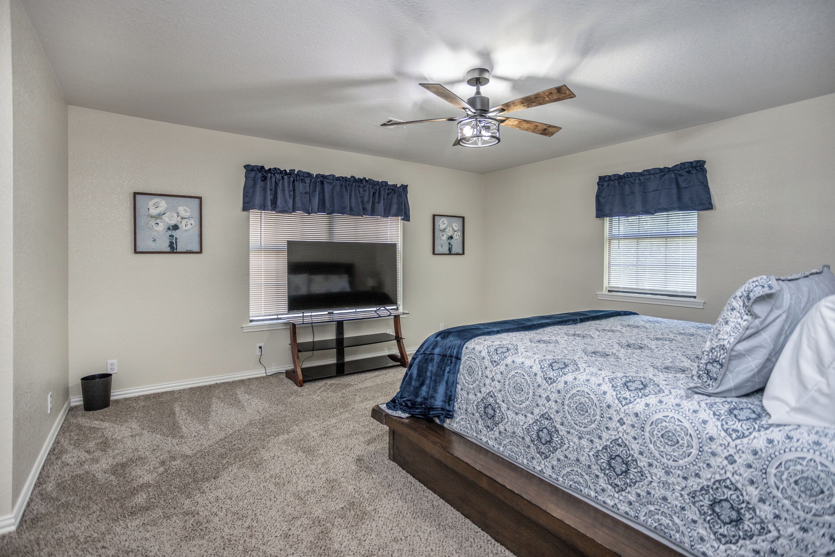 A bedroom with a bed, a ceiling fan, two windows with curtains, a TV, and a small table.