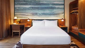 Hypo-allergenic bedding, in-room safe, blackout drapes