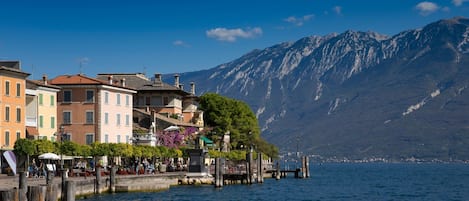 A waterfront with buildings, a dock, and a mountain in the background.