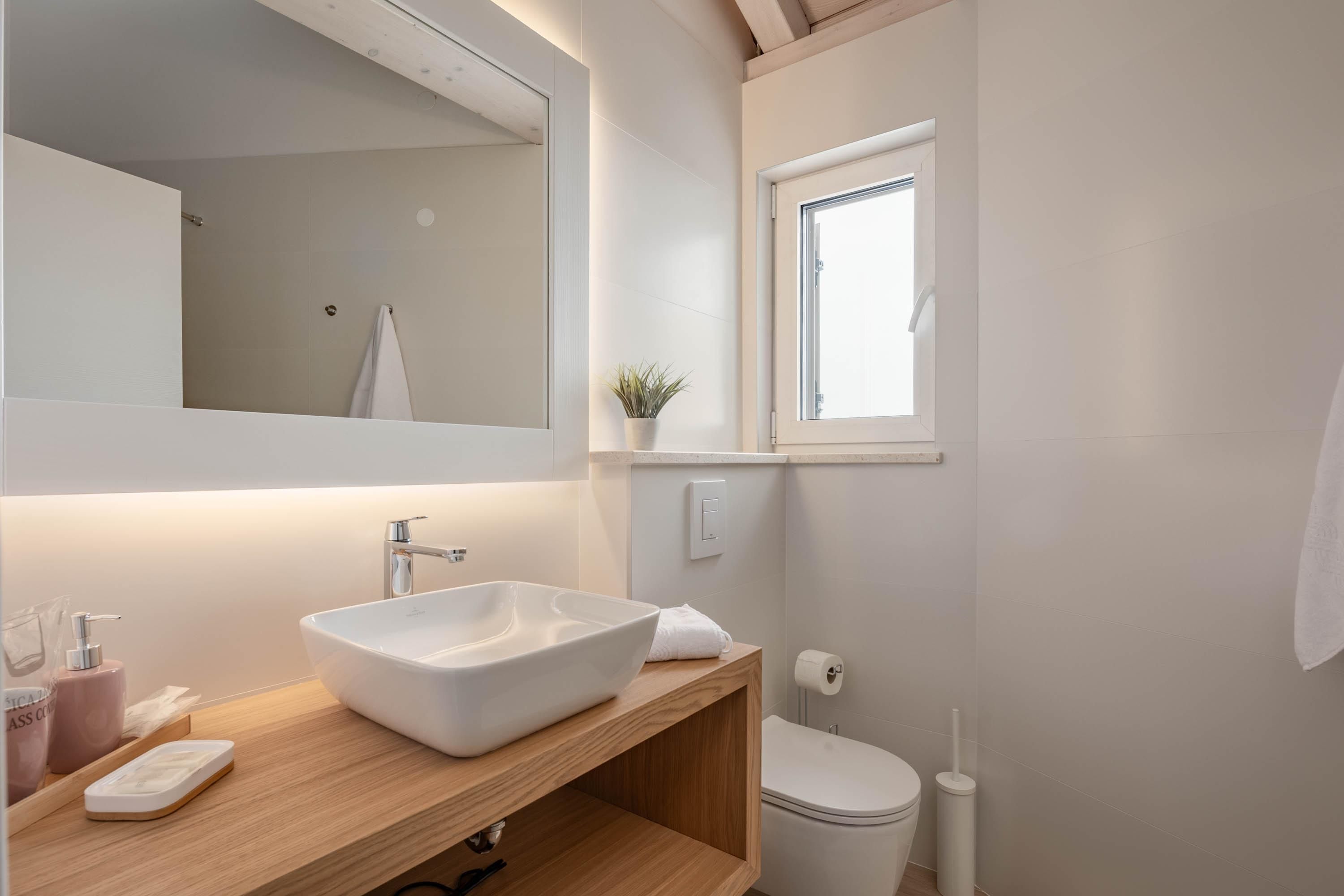 Une salle de bain moderne avec un grand lavabo blanc, un meuble-lavabo en bois, un miroir, une petite plante en pot, des toilettes et une fenêtre.