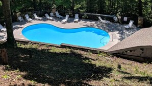 Une piscine entourée d’arbres, avec des chaises longues et une clôture.