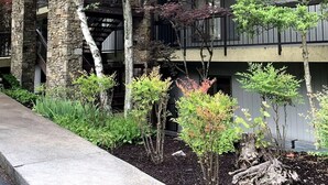 Un immeuble à plusieurs étages, doté de murs extérieurs en pierre, d’un escalier central et agrémenté de divers arbres et arbustes dans les jardins environnants.