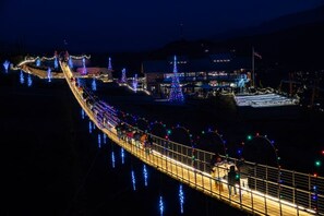 Eine Brücke mit Geländern und Beleuchtung, die zu einem Gebäude mit einer Flagge führt.
