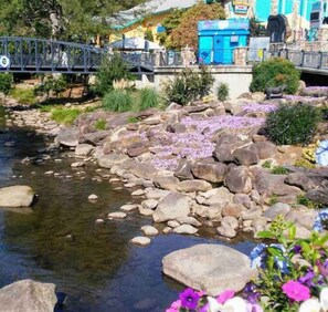 Un ruisseau aux rives rocheuses, agrémenté de fleurs, avec un pont en arrière-plan.