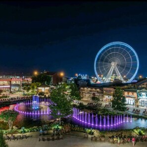 Une vue nocturne d’une ville, avec une grande roue illuminée, des fontaines éclairées et différents bâtiments.