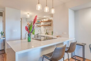 Fridge, microwave, oven, stovetop - Kahana Villas E408 by Gather: Prime Location w/ Pool,Beach,Tennis & Sunset Views (Lahaina)