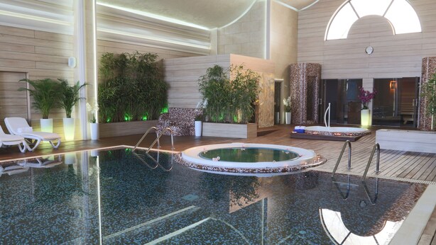 An indoor swimming pool with lounge chairs, a hot tub, and various plants.
