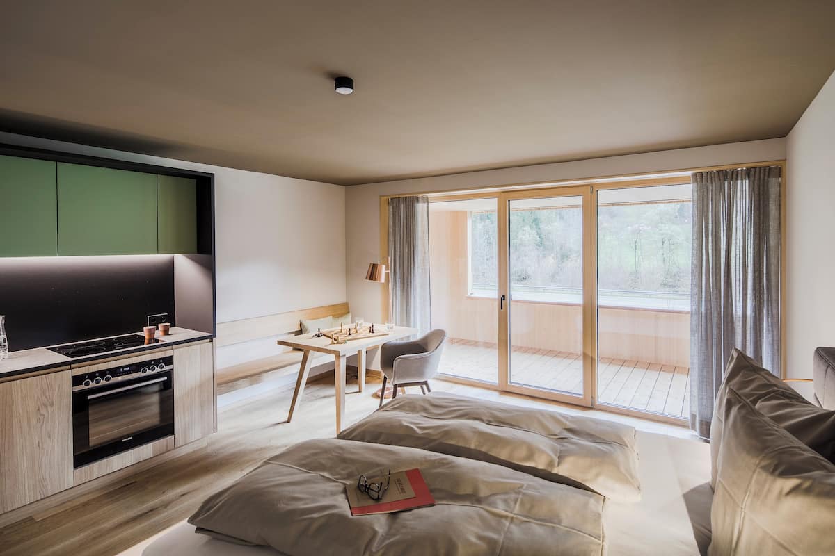 Studio Comfort, balkon, pemandangan gunung | Dapur pribadi | Lemari es besar, microwave di ruangan umum, oven, dan kompor