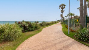 A paved pathway leading to a beach with palm trees and a fence. - Saladillo in Estepona (Estepona)