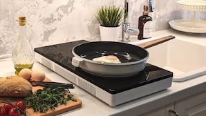 Eine Küche mit modernem Design, ausgestattet mit einer schwarzen Kochfeld, einer weißen Spüle und einem Blumentopf auf der Arbeitsfläche.