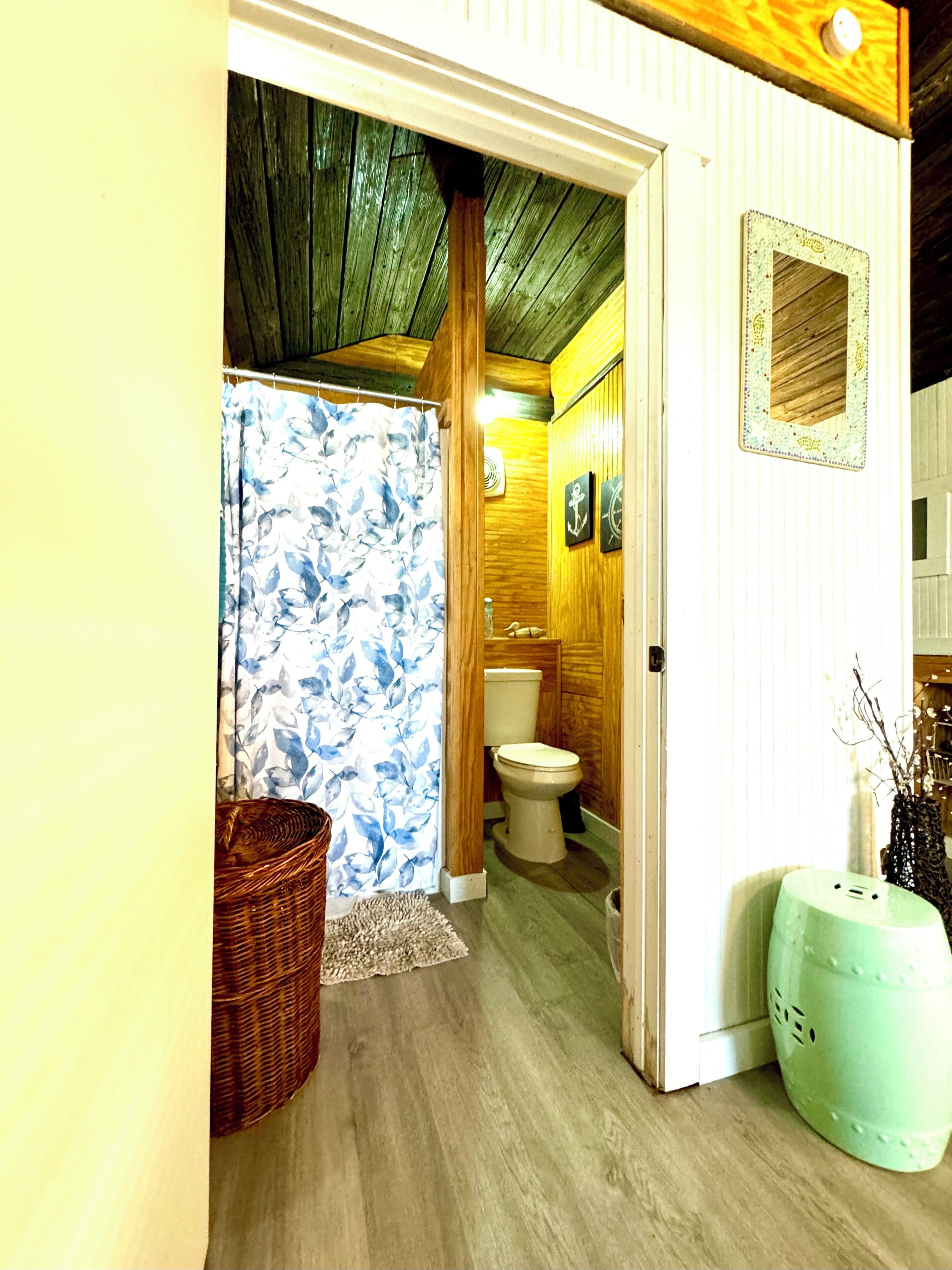 Chuveiro, toalhas de banho, papel higiênico 