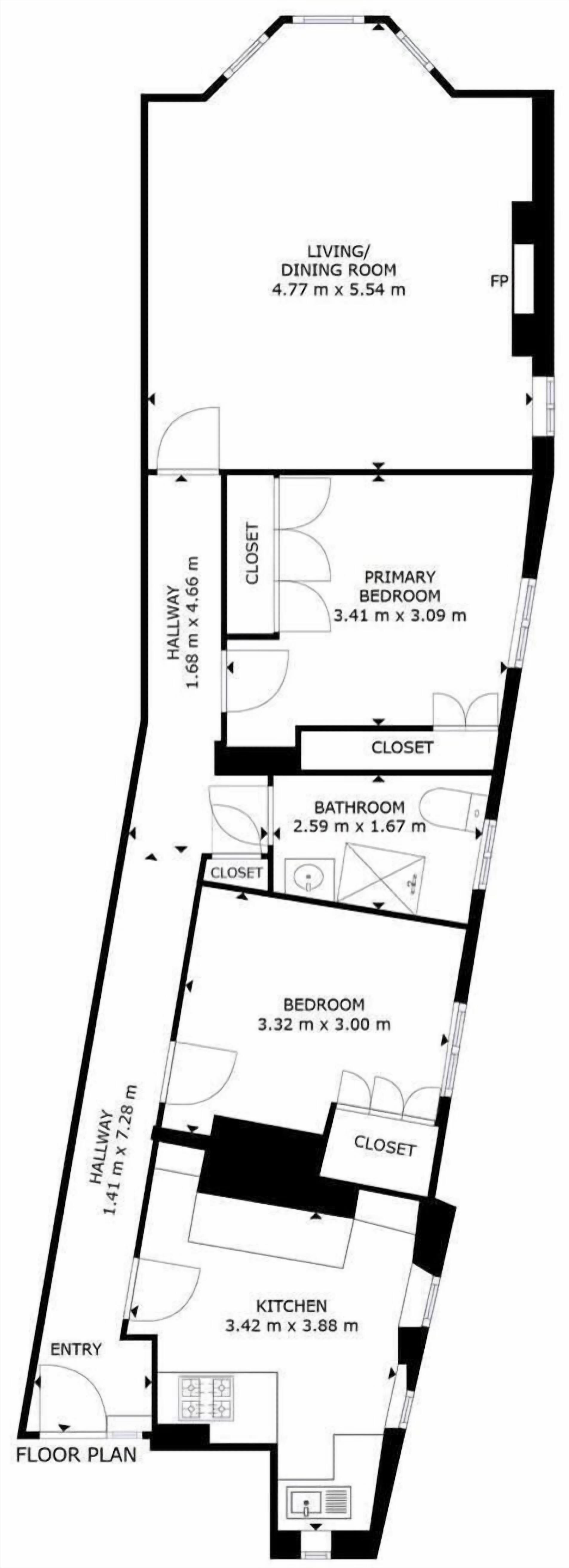 A floor plan of a hotel with a living/dining room, primary bedroom, bathroom, closet, kitchen, and entry.