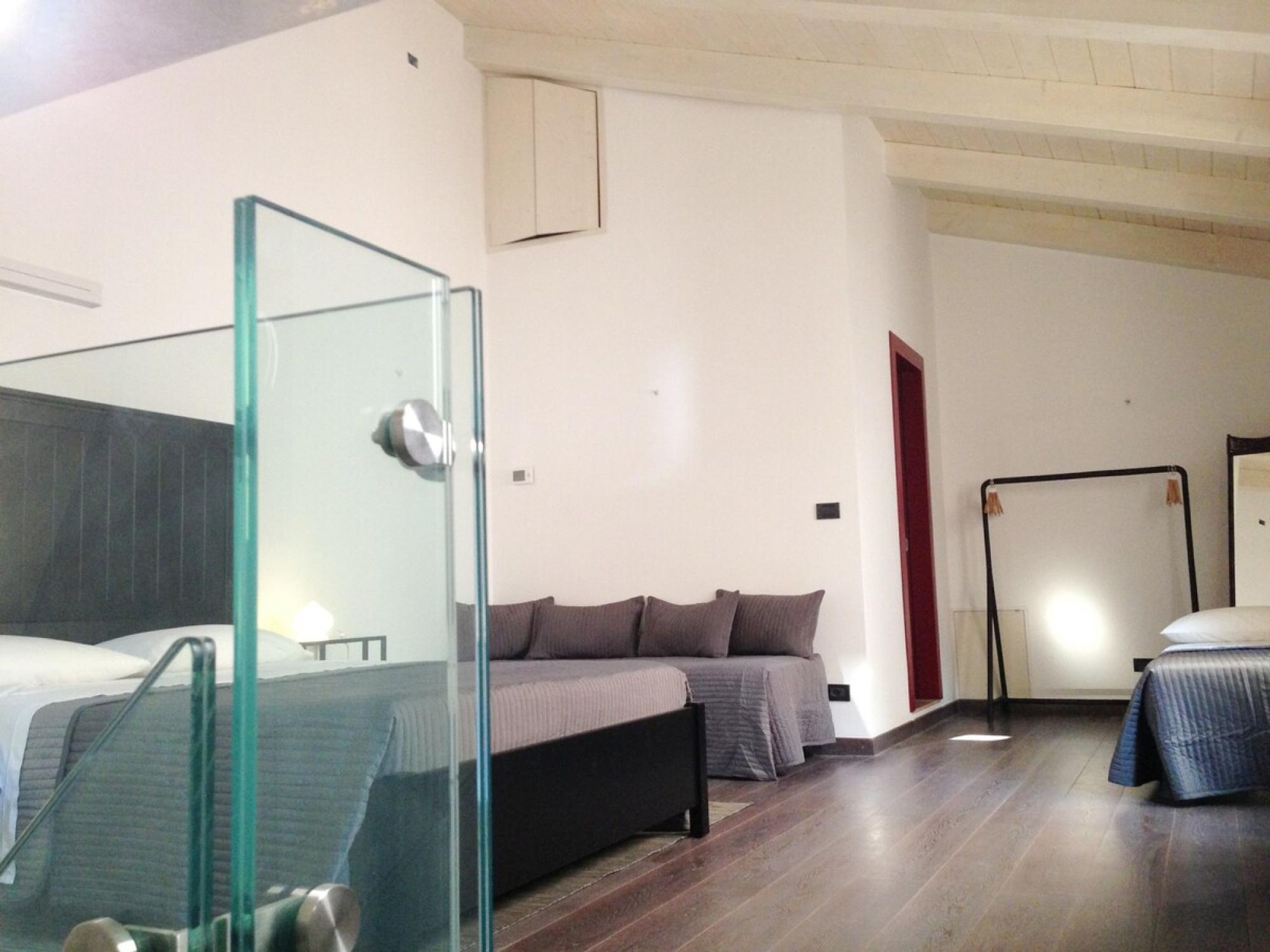 A modern hotel room with a glass shower enclosure, a bed with a dark headboard, a sofa with cushions, and a bedside table.