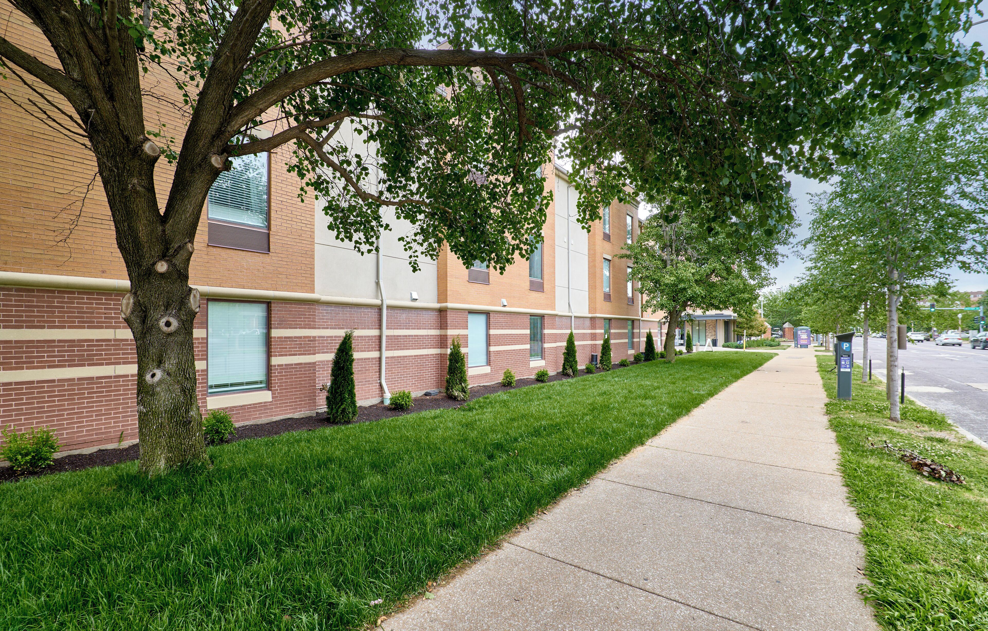 A row of brick apartment buildings with a sidewalk and a tree-lined street.