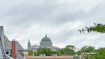 Un edificio con cúpula verde y torre del reloj, rodeado de árboles y otros edificios.