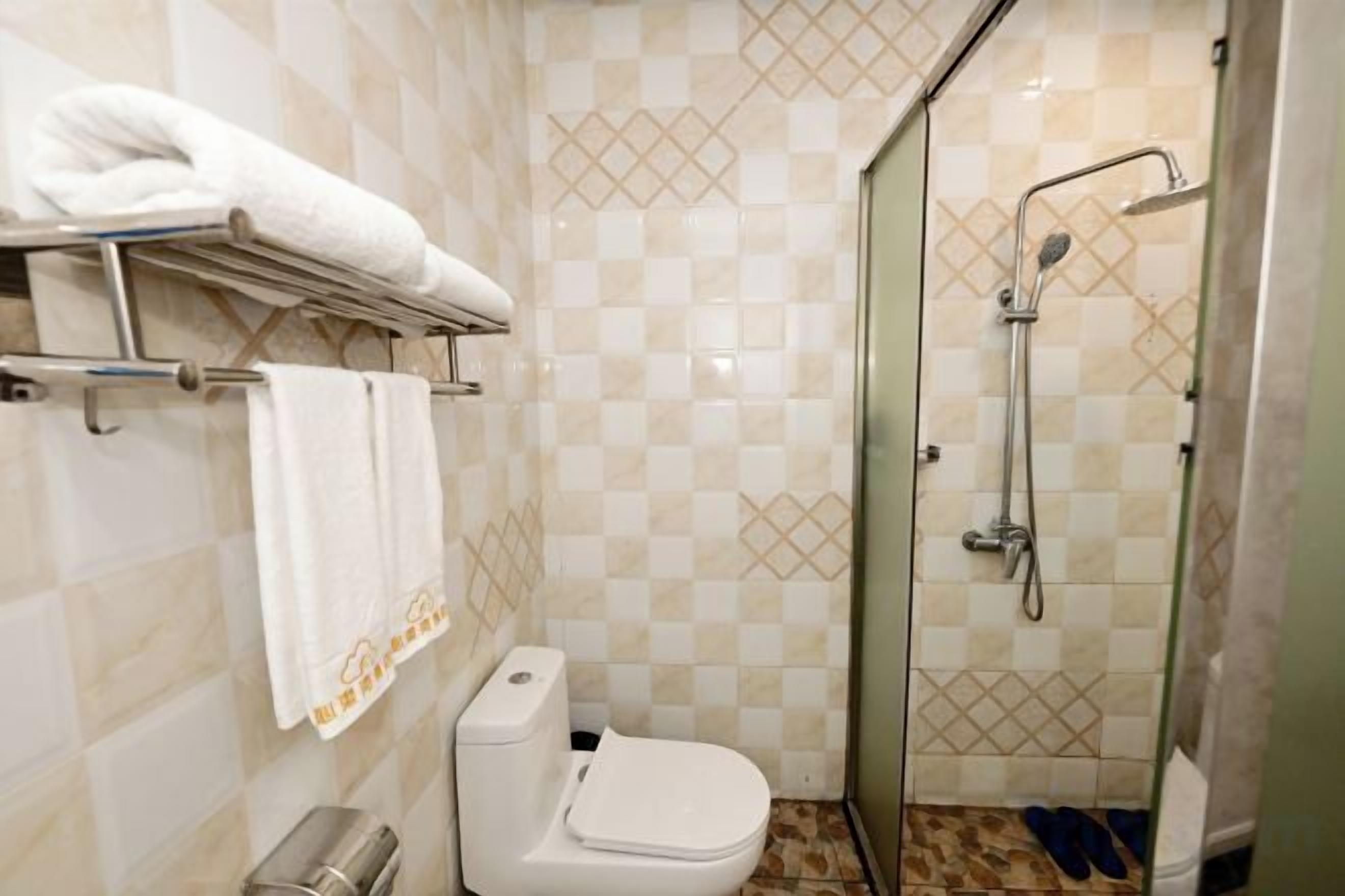 Ein Badezimmer mit Toilette, Dusche und Handtuchhalter.