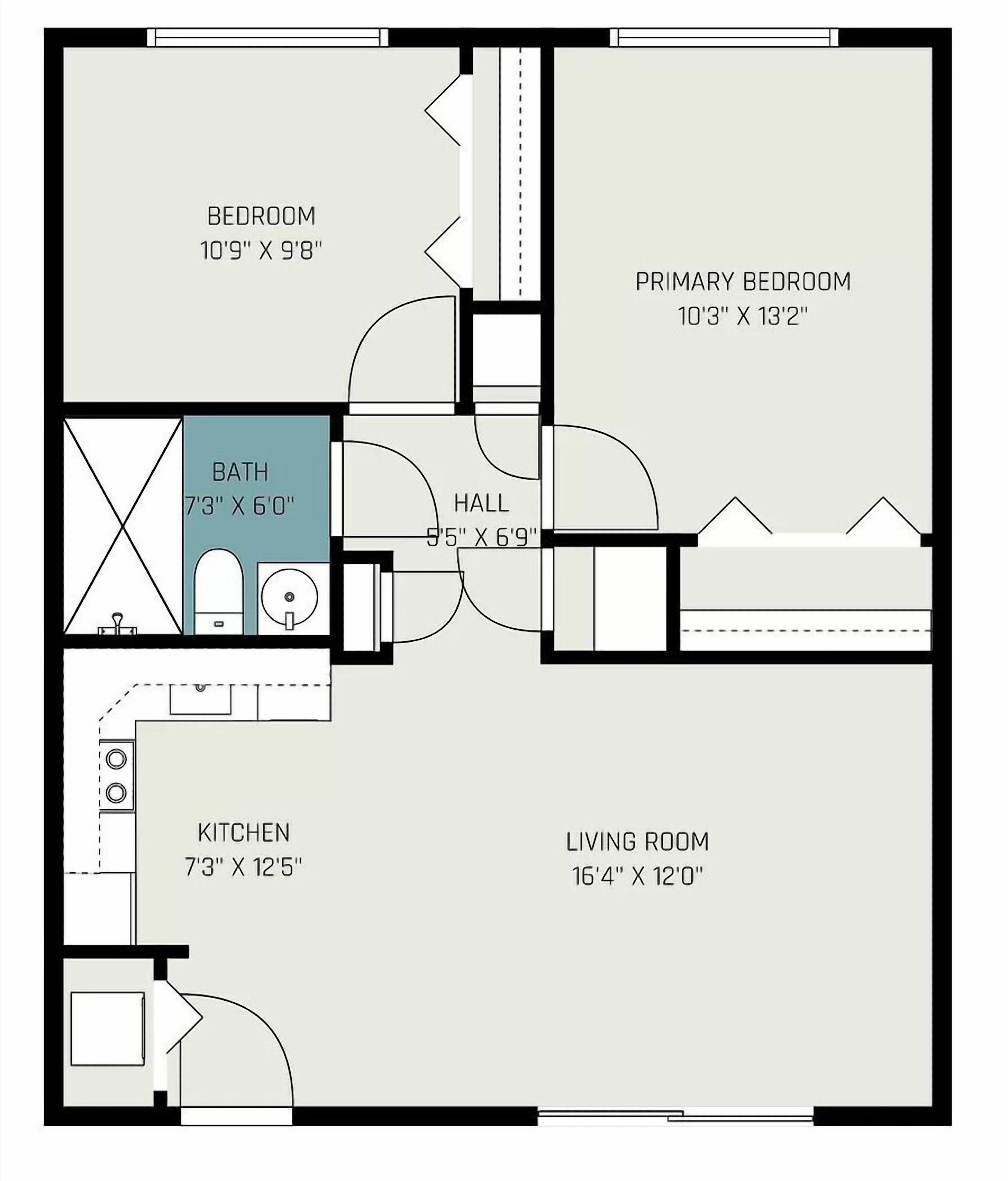 A floor plan of a house with a bedroom (10'9" x 9'8"), a primary bedroom (10'3" x 13'2"), a bathroom (7'3" x 6'0"), a kitchen (7'3" x 12'5"), a living room (16'4" x 12'0"), and a hall (5'5" x 6'9").
