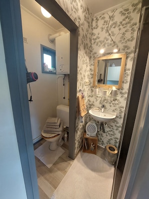 Shower, hair dryer, towels, toilet paper