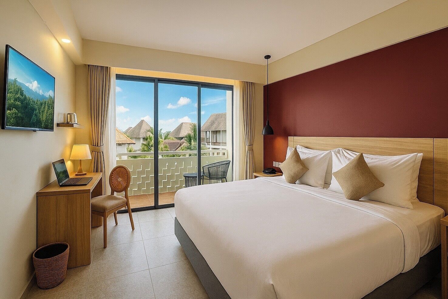 A hotel room with a large bed, a desk with a laptop, a chair, and a view of a resort with thatched-roof buildings.