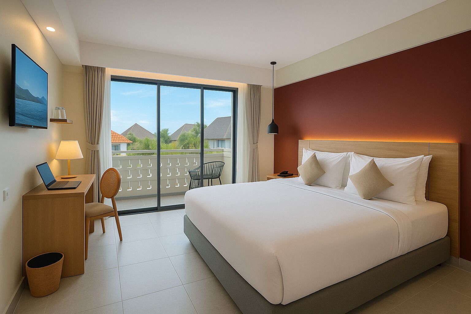 A hotel room with a large bed, a desk with a laptop, a chair, a TV, and a balcony with a view of houses.
