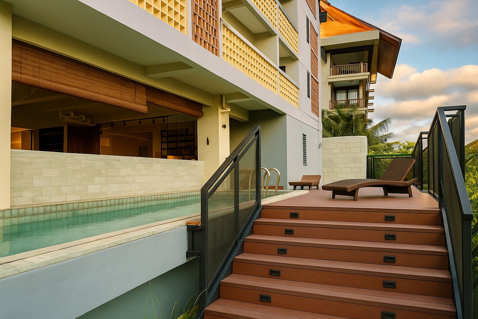 A modern hotel with a swimming pool, outdoor seating, and a staircase leading to the entrance.