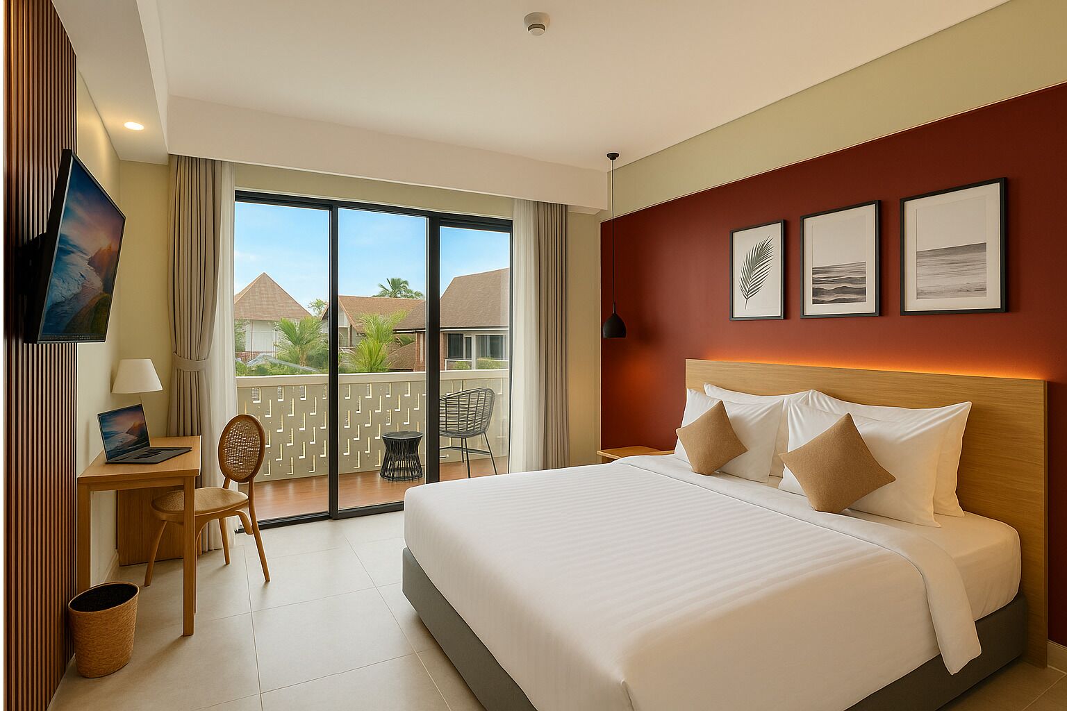 A hotel room with a large bed, a desk with a laptop, a chair, and a view of the outside.