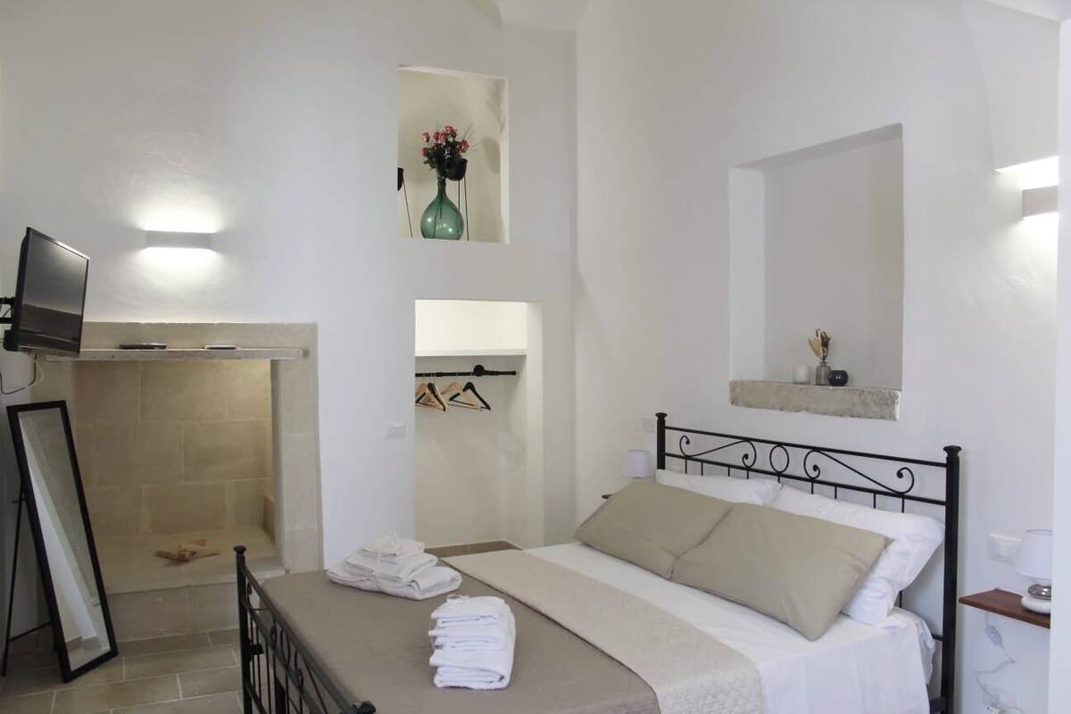Habitación de hotel con una cama, televisión, espejo y una pequeña repisa con un jarrón.