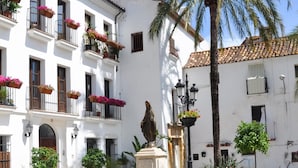 Une cour avec une fontaine, des plantes en pot et une statue.